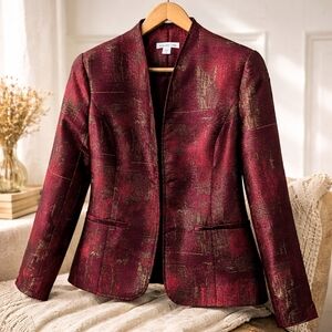 Coldwater Creek Red & Gold Textured Jacket Blazer Hook Closure Size XS
